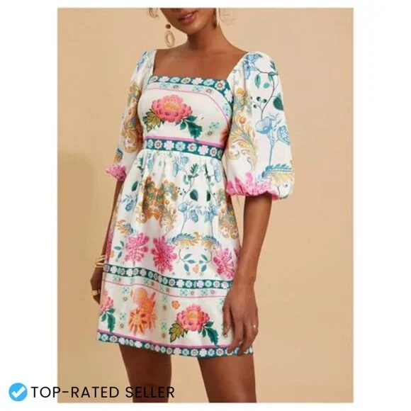 Floral Print Square Neck Puff Sleeve A-Line Boho Summer Dress